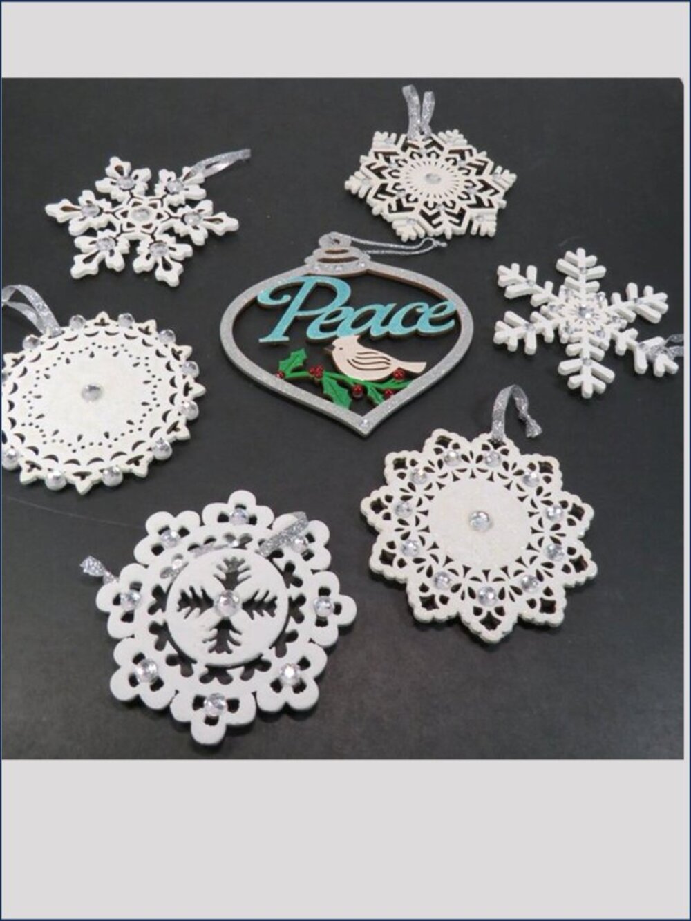 White WOOD (6) Snowflakes Christmas Ornaments Winter Double Sided PEACE